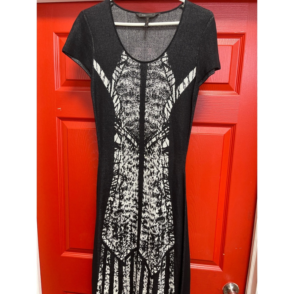 BCBGMAXAZRIA Black White Abstract Geometric Knit Short Sleeve Midi Dress Small